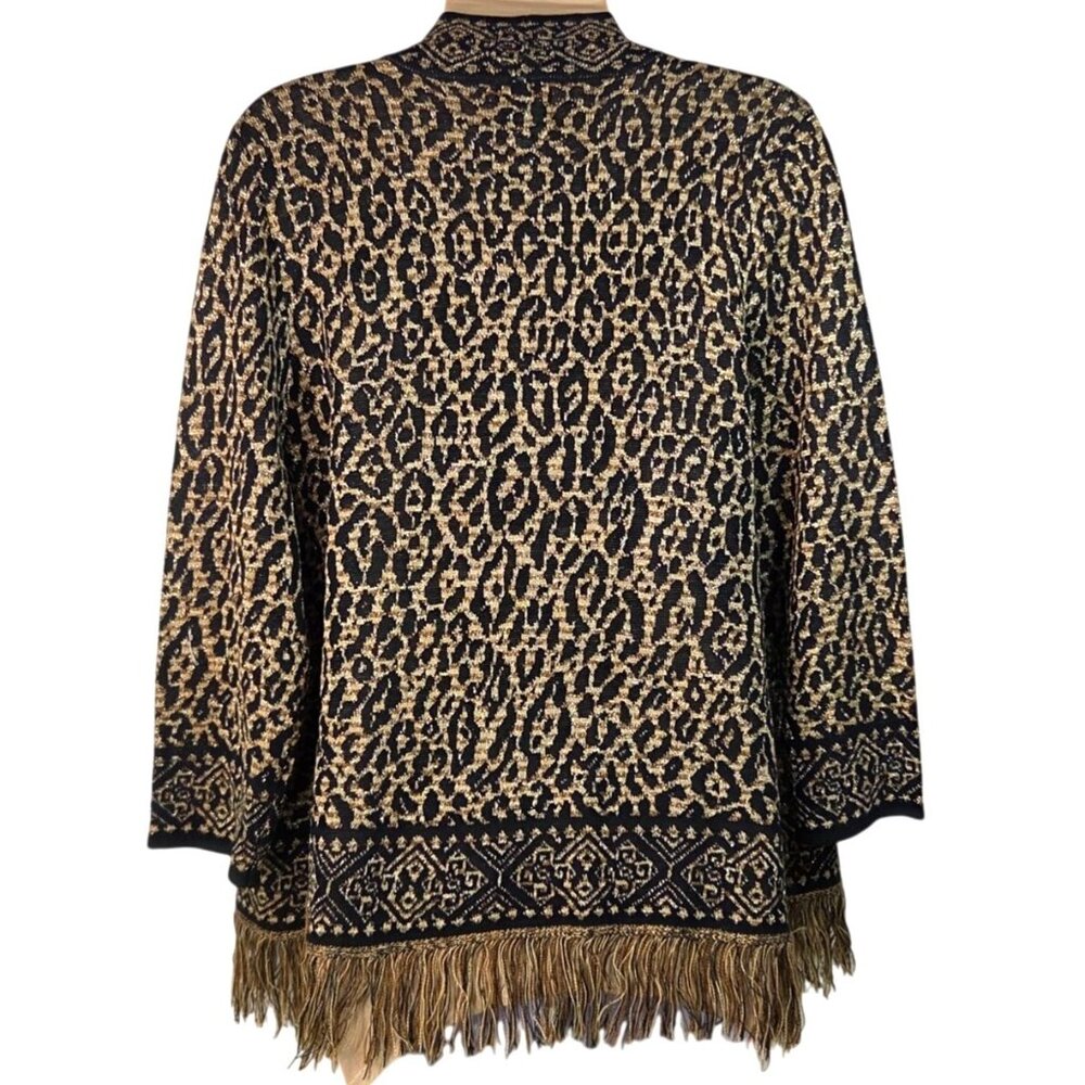 Ruby Rd. Petite PXL Leopard Print Open Front Cardigan With  Metallic Gold Fringe - Picture 2 of 6